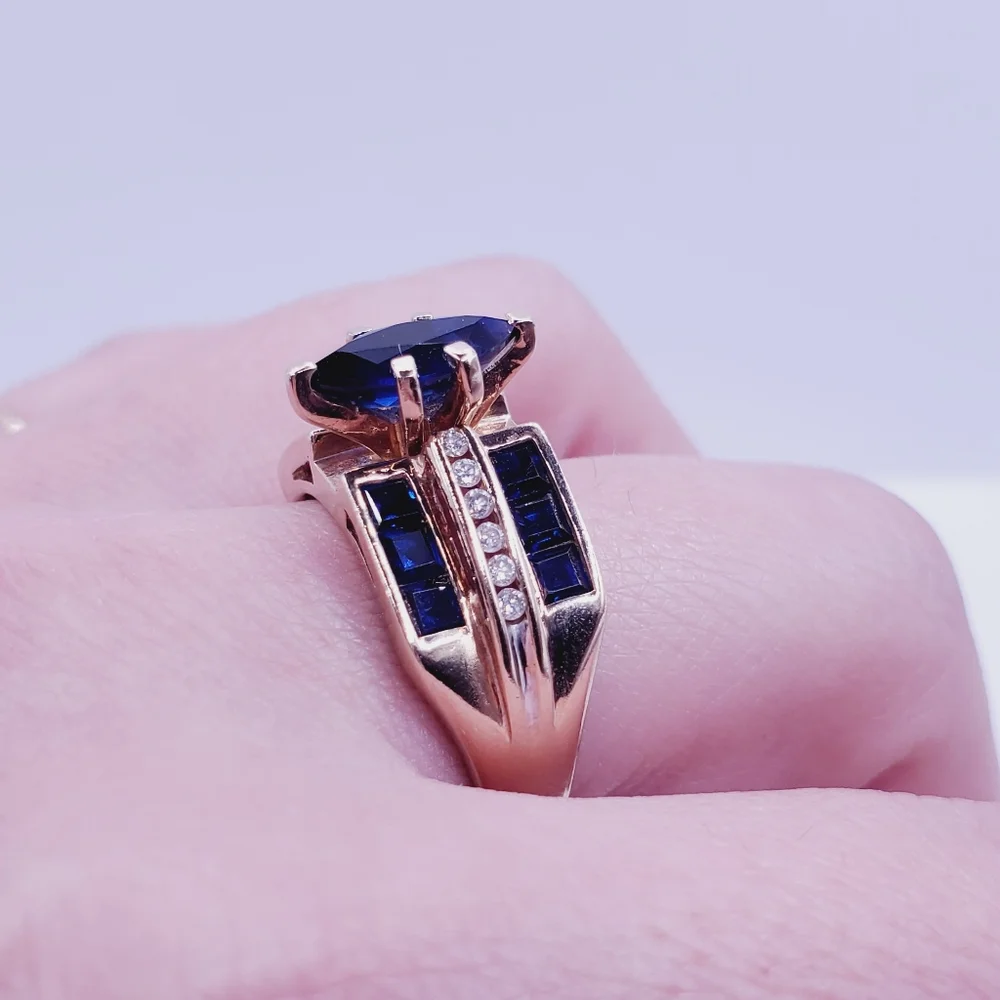 10k Solid Yellow Gold Genuine Marquise Blue Sapphire & Diamond Statement Ring